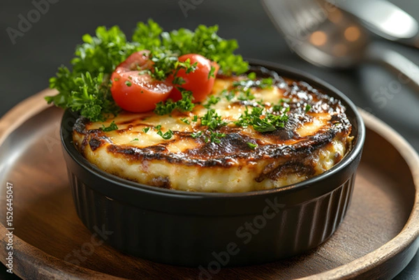 Obraz Traditional greek moussaka dish served with a side salad of parsley and cherry tomatoes