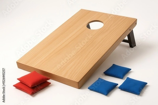 Fototapeta Cornhole Game Board Leaning with Red and Blue Bean Bags on White Background