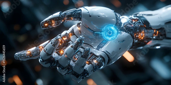 Obraz Man hand connecting to a robot on dark tech background with a blue halo at center. Generative ai cyborg hand