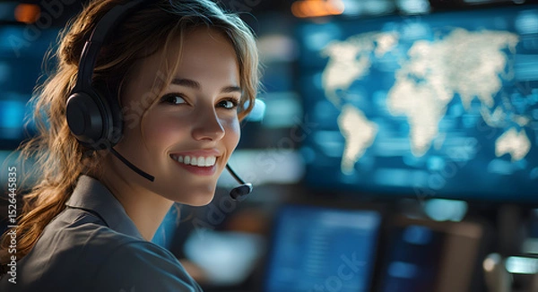 Obraz Smiling Woman in Headset Working at Laptop in Call Center with a Globe and World Map Background