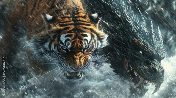 Fototapeta A tiger fighting a dragon, in a fierce battle amidst a stormy landscape, background wallpaper AI generated image