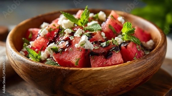 Fototapeta Watermelon Feta Salad with Mint and Balsamic Glaze in a Wooden Bowl