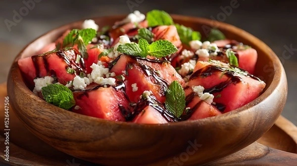 Fototapeta Watermelon Salad with Feta, Mint, and Balsamic Drizzle in a Wooden Bowl