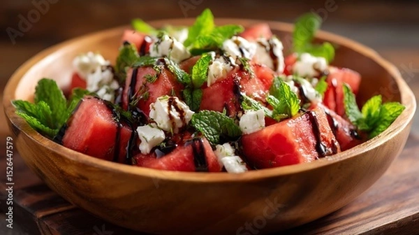 Fototapeta Watermelon Feta Salad with Mint and Balsamic Glaze in a Wooden Bowl