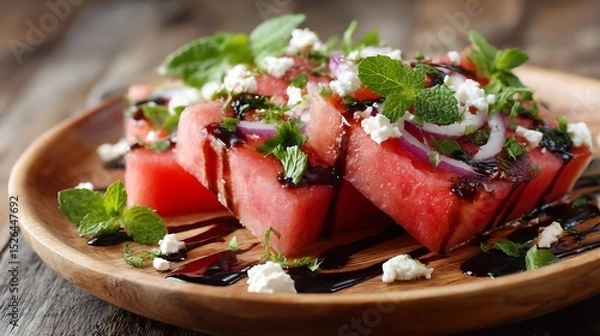 Fototapeta Watermelon Salad with Feta, Mint, and Balsamic Glaze on a Wooden Plate