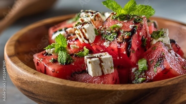 Fototapeta Watermelon Feta Salad with Mint and Balsamic Glaze in a Wooden Bowl