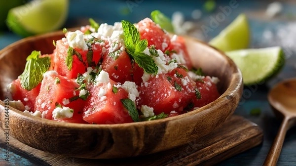 Fototapeta Watermelon Feta Salad with Mint and Lime in a Wooden Bowl