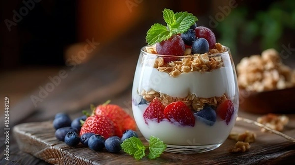 Fototapeta Fresh Yogurt Parfait with Berries and Granola