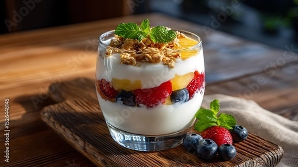Fototapeta Fresh Fruit and Yogurt Parfait with Granola Topping