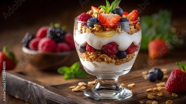 Fototapeta Fresh Yogurt Parfait with Granola and Berries in a Glass Bowl