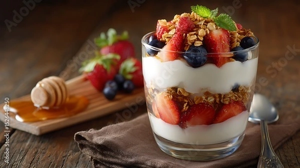 Fototapeta Fresh Fruit and Yogurt Parfait with Granola Topping