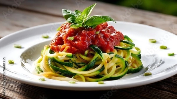 Fototapeta Zucchini Noodles with Tomato Sauce and Fresh Basil
