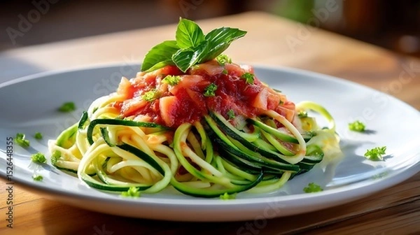 Fototapeta Zucchini Noodles with Tomato Sauce and Fresh Basil