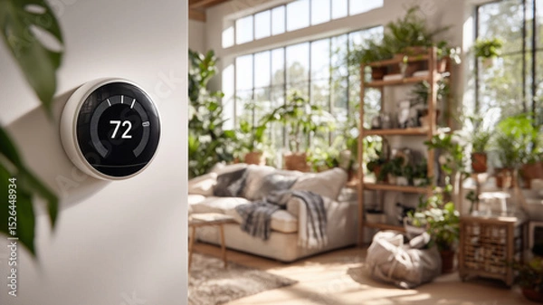 Fototapeta Stylish smart thermostat enhances modern living space with greenery and comfort