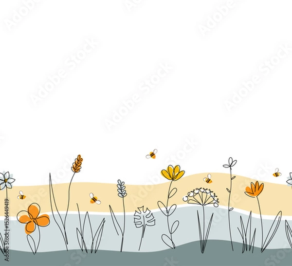 Fototapeta Vector nature seamless border with honey bees, wild herbs and flowers on rainbow background. Continuous line drawing. Doodle hand drawn style floral illustration