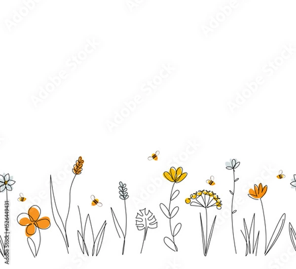 Fototapeta Vector nature seamless border with honey bees, wild herbs and flowers on white. Continuous line drawing background. Doodle hand drawn style floral illustration.