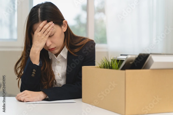 Fototapeta Office worker packing stuff to leave office after resign from job.