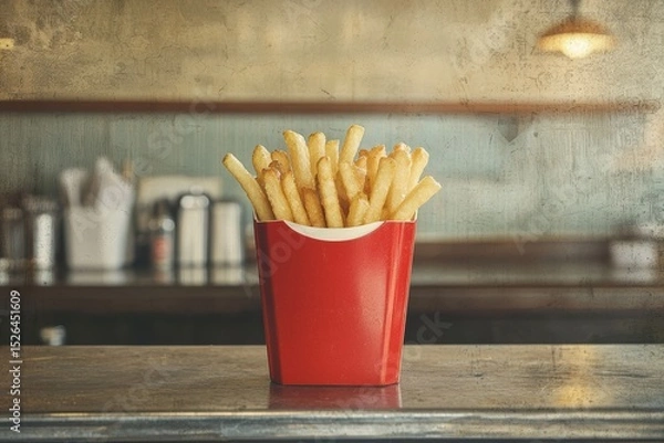 Obraz Crispy French Fries In Red Box On Vintage Diner Countertop Evoking Nostalgic Fast Food Memories. Retro Dining Charm