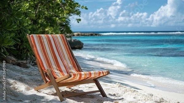 Obraz Beachside Tranquility With Striped Deck Chair On Sandy Shore. Relaxation And Coastal Escape