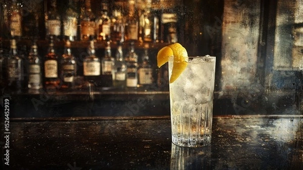 Obraz Vintage Cocktail Glass With Lemon Twist On Rustic Bar Counter In Nostalgic Postcard Style. Evokes Classic Bar Ambiance And Timeless Elegance