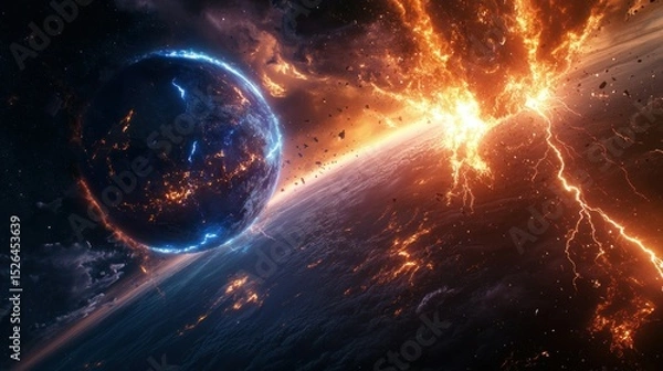 Fototapeta The terrifying sight of Earth being destroyed by a flash of celestial lightning, background wallpaper AI generated image