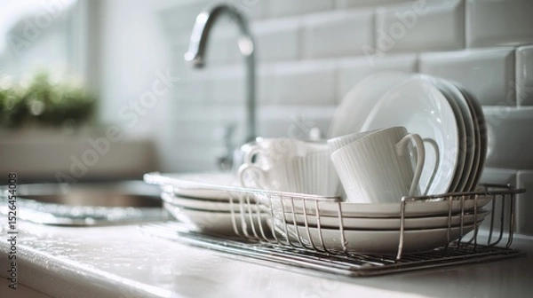 Obraz Clean White Dishes Drying On A Kitchen Counter With Sunlight. Home Kitchenware Organization And Cleanliness