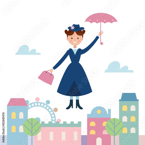Obraz Baby Sitter Mary Poppins Flying Over the Town. Vector Illustration