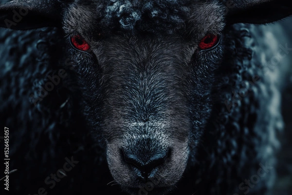 Fototapeta Close-up of a black sheep with intense red eyes, dark wool, and a serious expression, set against a dark background.