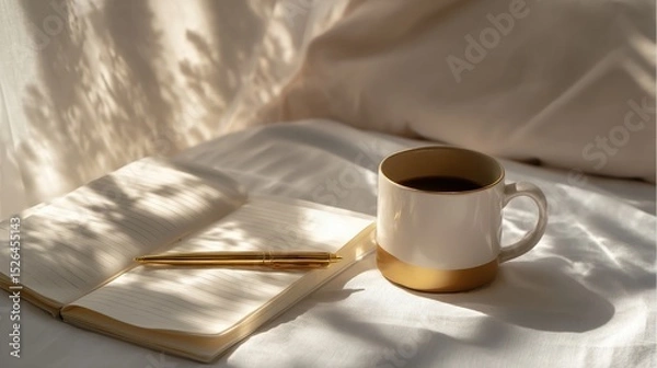 Obraz Open Notebook With Pen And Coffee Cup On Sunlit Bed. Morning Routine And Relaxation Concept
