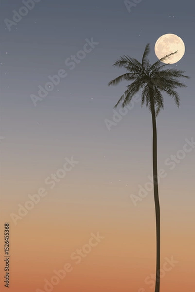 Obraz Silhouette coconut palm tree and full moon with sunset sky vertical background graphic illustration have blank space.