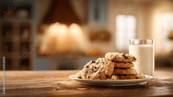 Obraz Plate Of Chocolate Chip Cookies With Glass Of Milk On Wooden Table In Cozy Kitchen. Perfect Snack For A Warm, Inviting Atmosphere