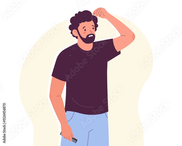 Obraz Young man with problem of dandruff.  Dandruff problem. Flat vector illustration	