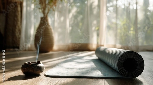 Obraz Rolled Yoga Mat And Incense Burner In Serene Sunlit Room. Tranquil Space For Meditation And Relaxation