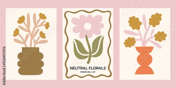 Fototapeta Neutral colors floral vector posters set. Minimalist print designs with flowers in vases and whimsical frame illustrations