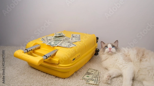 Obraz White cat traveler with a yellow suitcase and dollar bills.