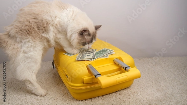 Obraz White cat traveler with a yellow suitcase and dollar bills.