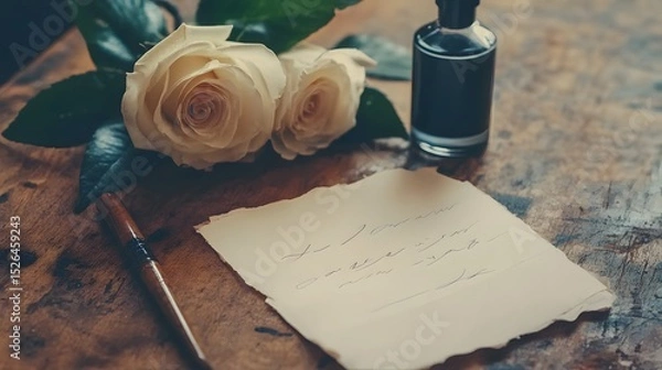 Obraz A handwritten letter rests on a wooden surface with a bouquet of cream roses and a bottle of ink.