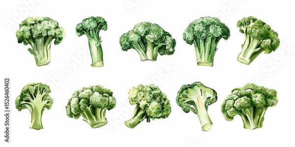 Fototapeta Set of watercolor broccoli illustrations on white background. Vector illustration. 