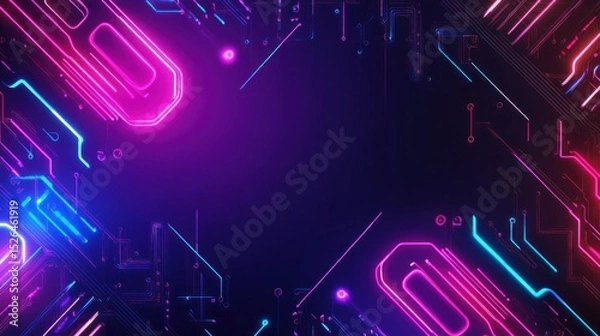 Fototapeta Neon circuit pattern with empty space in the middle for customizable text or graphics, background wallpaper AI generated image
