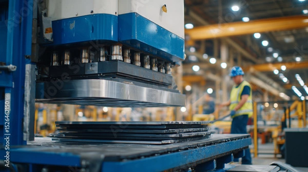 Fototapeta Wide shot of a metal stamping press in action, large sheets of steel being shaped into precise parts, industrial workers overseeing the production