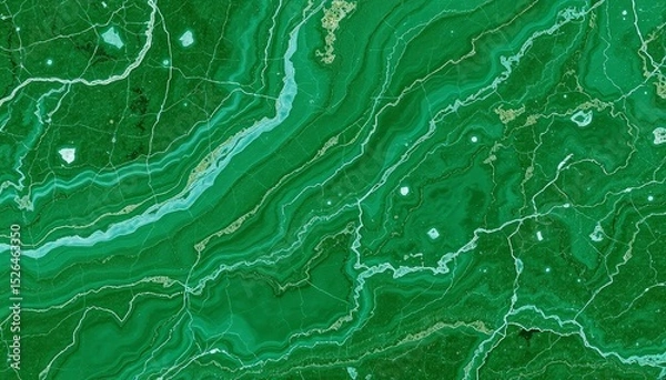Fototapeta Green malachite stone close up, showing a swirling, banded pattern with varying shades of green and white veins