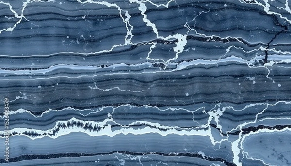 Fototapeta Layered, wavy pattern in blue tones with bright, jagged lines simulating cracks or fractures across the surface