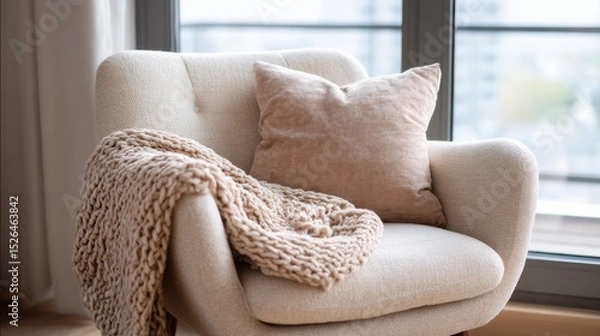 Obraz Cozy Armchair With Soft Pillow And Knit Blanket In Sunlit Room. Inviting Space For Relaxation And Comfort