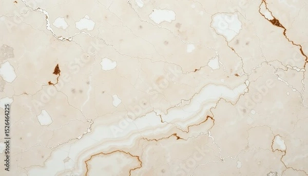 Fototapeta Mottled beige and white stone with brown inclusions and intricate veining patterns fills the frame