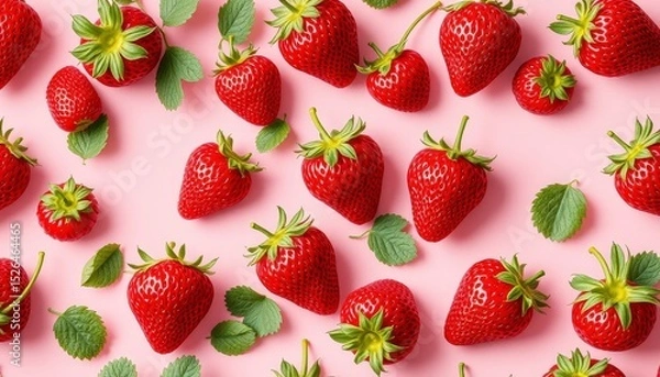Fototapeta Ripe strawberries and green leaves scattered across a pink backdrop, creating a fresh, colorful, and inviting scene