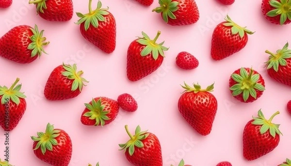 Fototapeta Strawberries pattern. Vibrant red berries scattered on a solid pastel pink backdrop create a sweet, summery aesthetic
