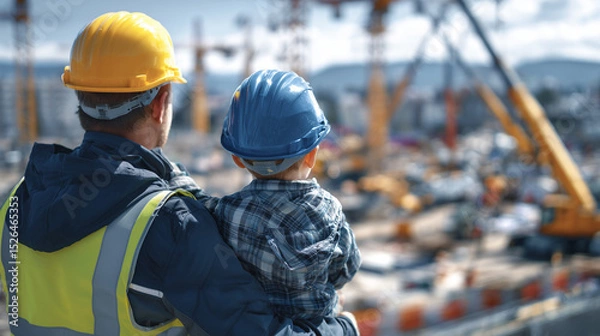Fototapeta Young boy sits on his dadâs shoulders as they wear matching construction uniforms, surveying a busy construction site with cranes, trucks, and teamwork around