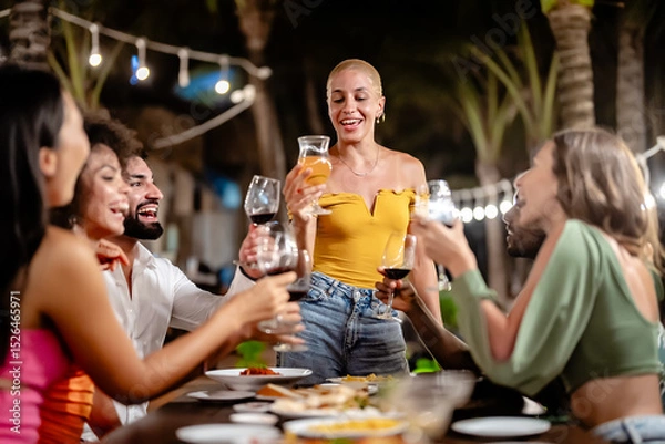 Fototapeta Group of diverse friends raising glasses in a joyful toast at a tropical outdoor party, celebrating together under palm trees and string lights