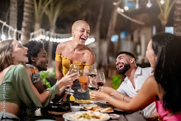 Fototapeta Group of diverse friends raising glasses in a joyful toast at a tropical outdoor party, celebrating together under palm trees and string lights