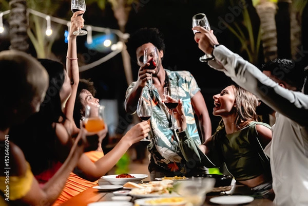 Fototapeta Group of diverse friends raising glasses in a joyful toast at a tropical outdoor party, celebrating together under palm trees and string lights